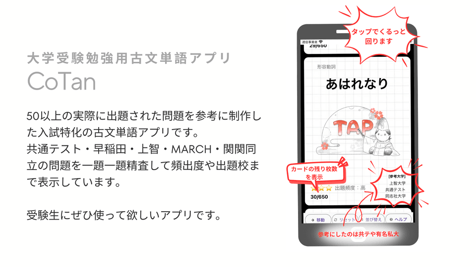 古文単語暗記アプリ『CoTan』アイキャッチ画像